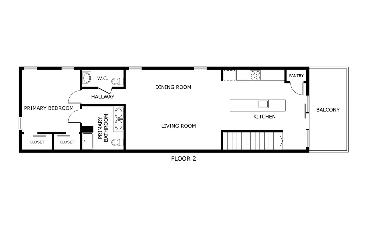 A wide-angle interior shot showing the seamless flow from the living room to the kitchen, dining area, and balcony. The balcony is visible through sliding doors, suggesting effortless indoor-outdoor living. Natural light streams in, highlighting spaces perfect for gatherings.