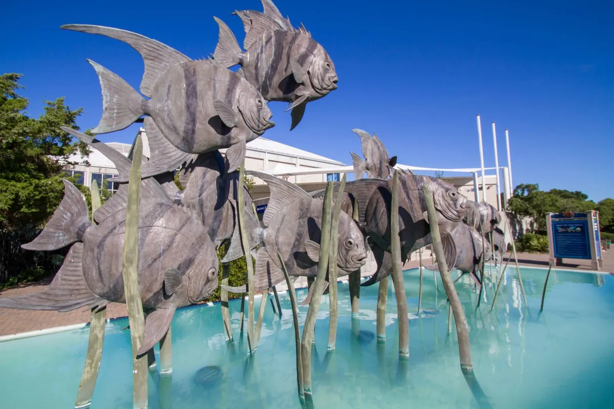 This whimsical outdoor scene features large fish sculptures, interactive water features, and surrounding greenery. Children and families can be imagined exploring this inviting public art installation, which suggests a spirit of discovery and creative play.